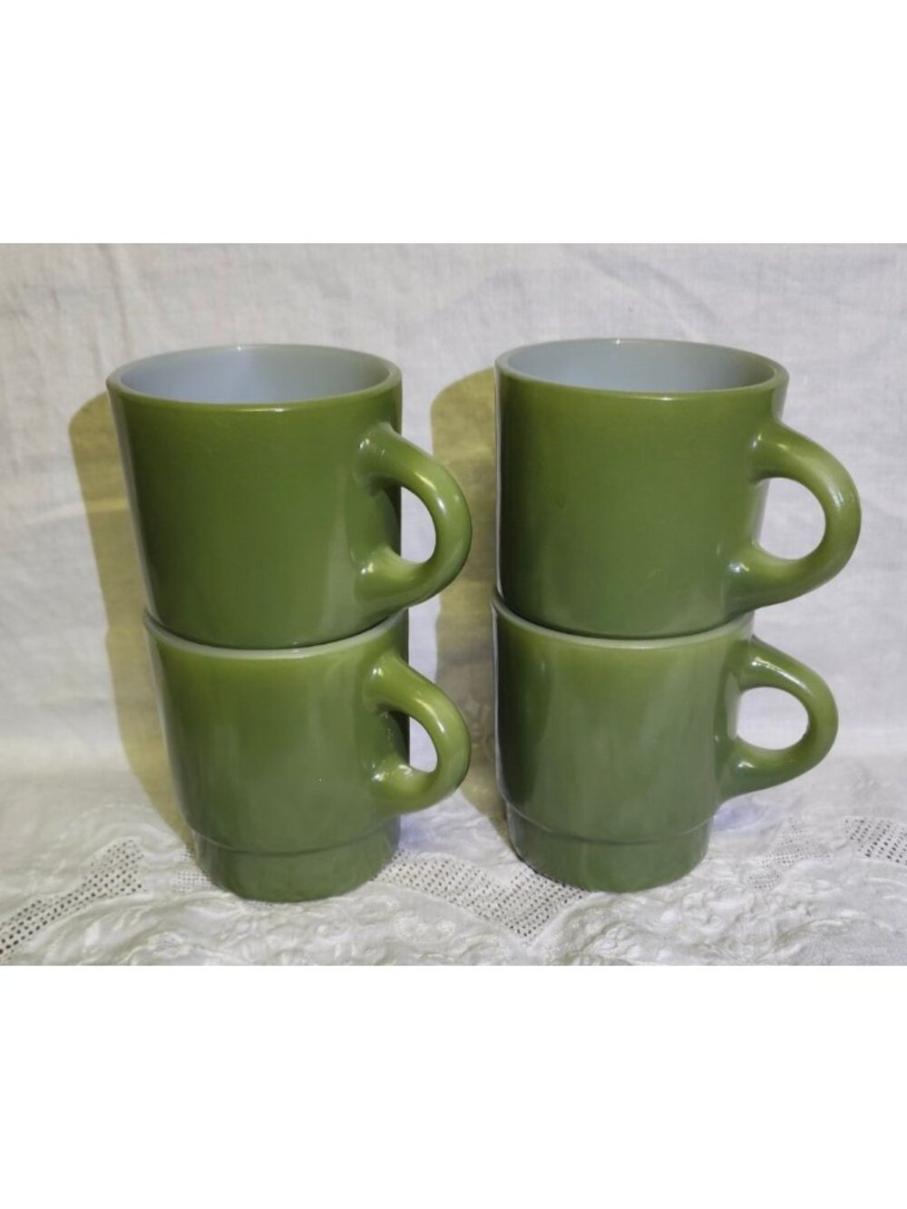 Vintage 1970s Avocado Green Fire-King Stackable C Handle Glass Mugs Set Of 4